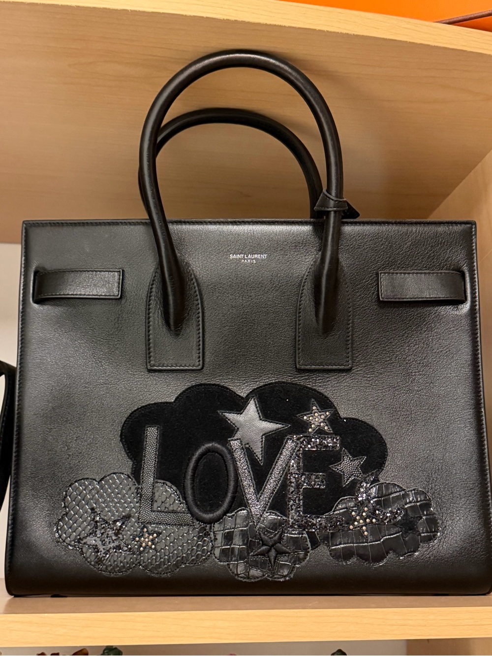 Saint Laurent Black Embellished 'Love' Leather Tote